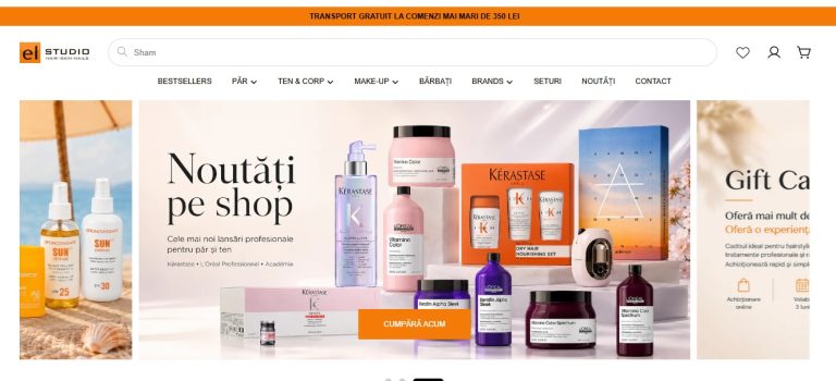 Captură de ecran cu noua interfață Shop.El-Studio.ro, magazinul online El Studio cu produse profesionale de beauty și navigare simplificată.